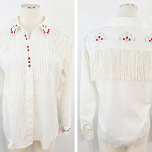 Vintage western button down shirt fringe rhinestone cowgirl white upcycled small